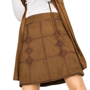Zara Faux Suede Embroidered Brown Skirt